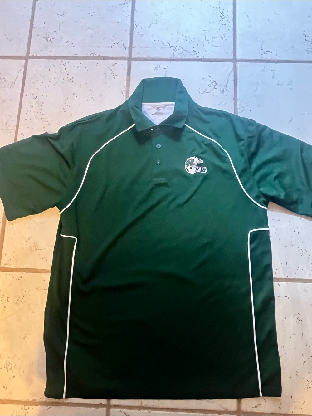 Men's Green Performance Polo w R football helmet logo and Riverbend on back